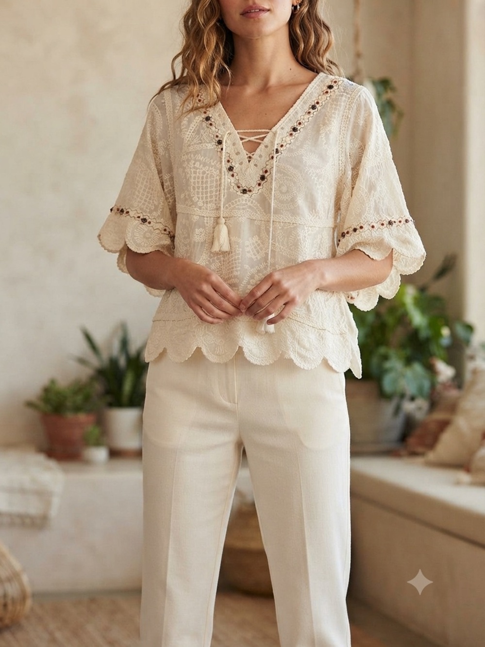 POL Ivory Embroidered Lace-Up Tunic with Tassels